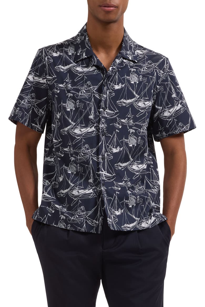 Jackson Marina Print Stretch Cotton Camp Shirt, Main, color, NAVY