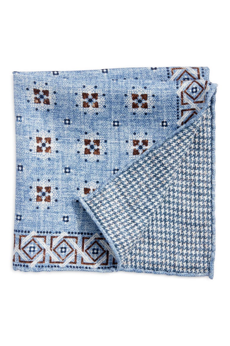 Neat & Houndstooth Prints Reversible Silk Pocket Square, Main, color, BLUE