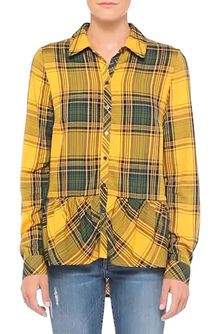 Ruffle Hem Plaid Shirt, Alternate, color, HARVEST GOLD