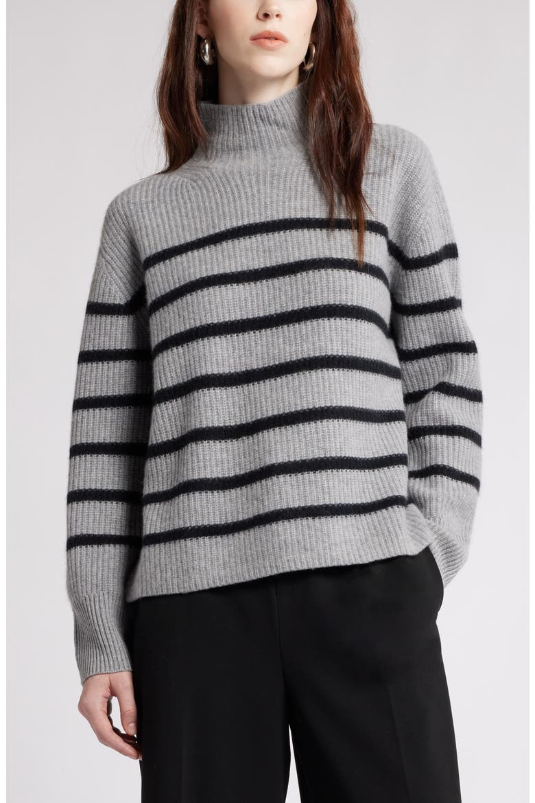 Stripe Cashmere Mock Neck Sweater, Main, color, GREY HEATHER- BLACK STRIPE