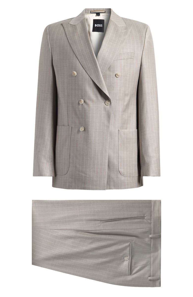 BOSS Huge Slim Fit Grey Pinstripe Double Breasted Virgin Wool Suit, Main, color, Open White