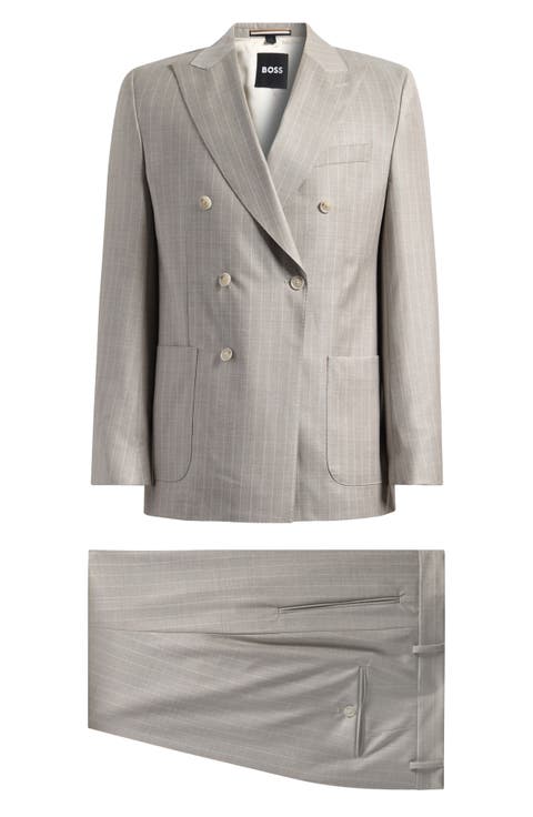 Huge Slim Fit Grey Pinstripe Double Breasted Virgin Wool Suit