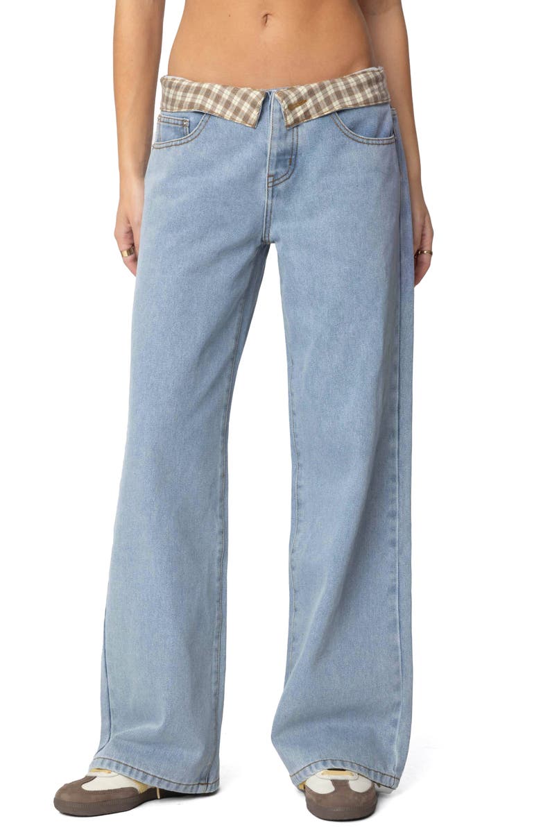 EDIKTED Peekaboo Plaid Low Rise Wide Leg Jeans, Main, color, Light-Blue