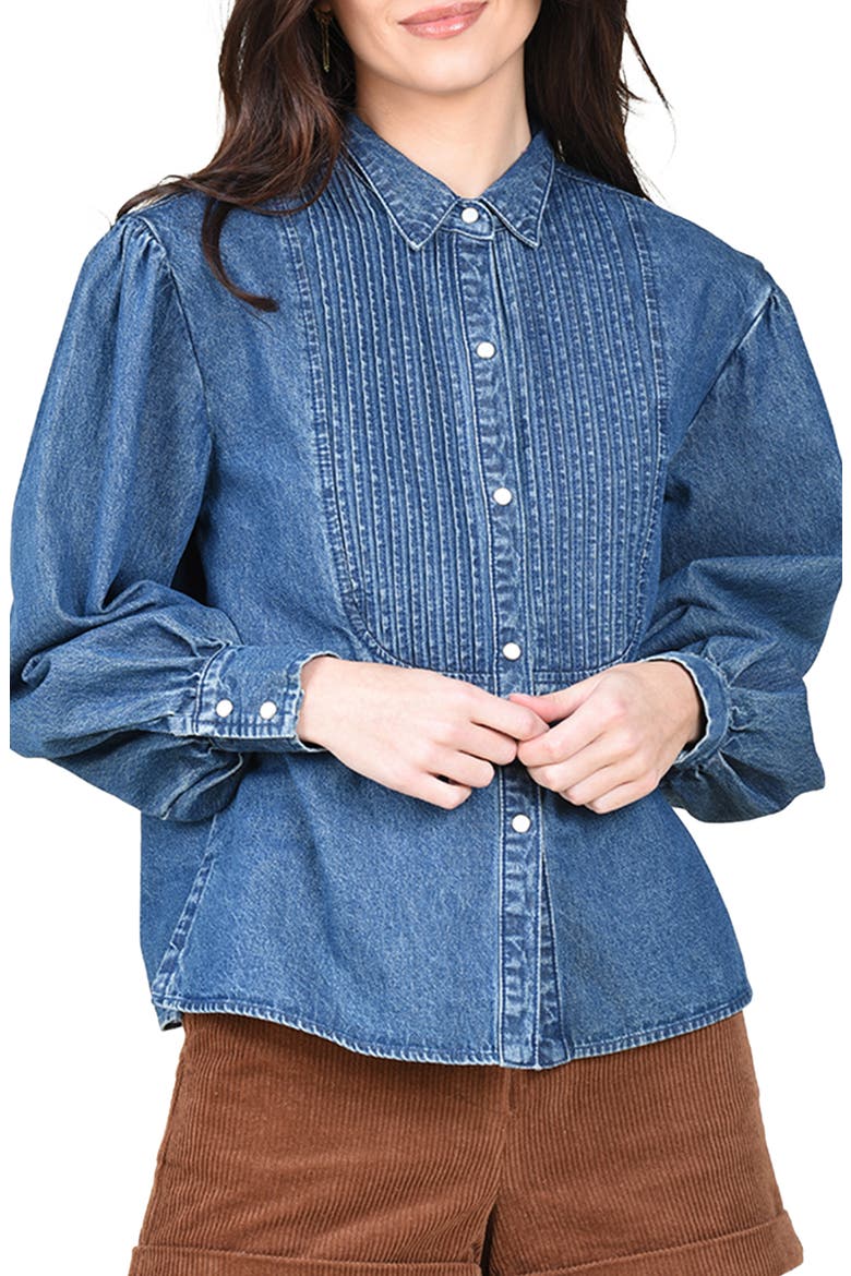 Pintuck Pleat Denim Shirt, Main, color, DENIM