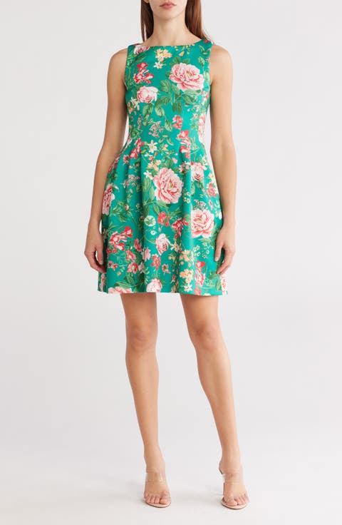 Floral Sleeveless Scuba Knit Fit & Flare Dress