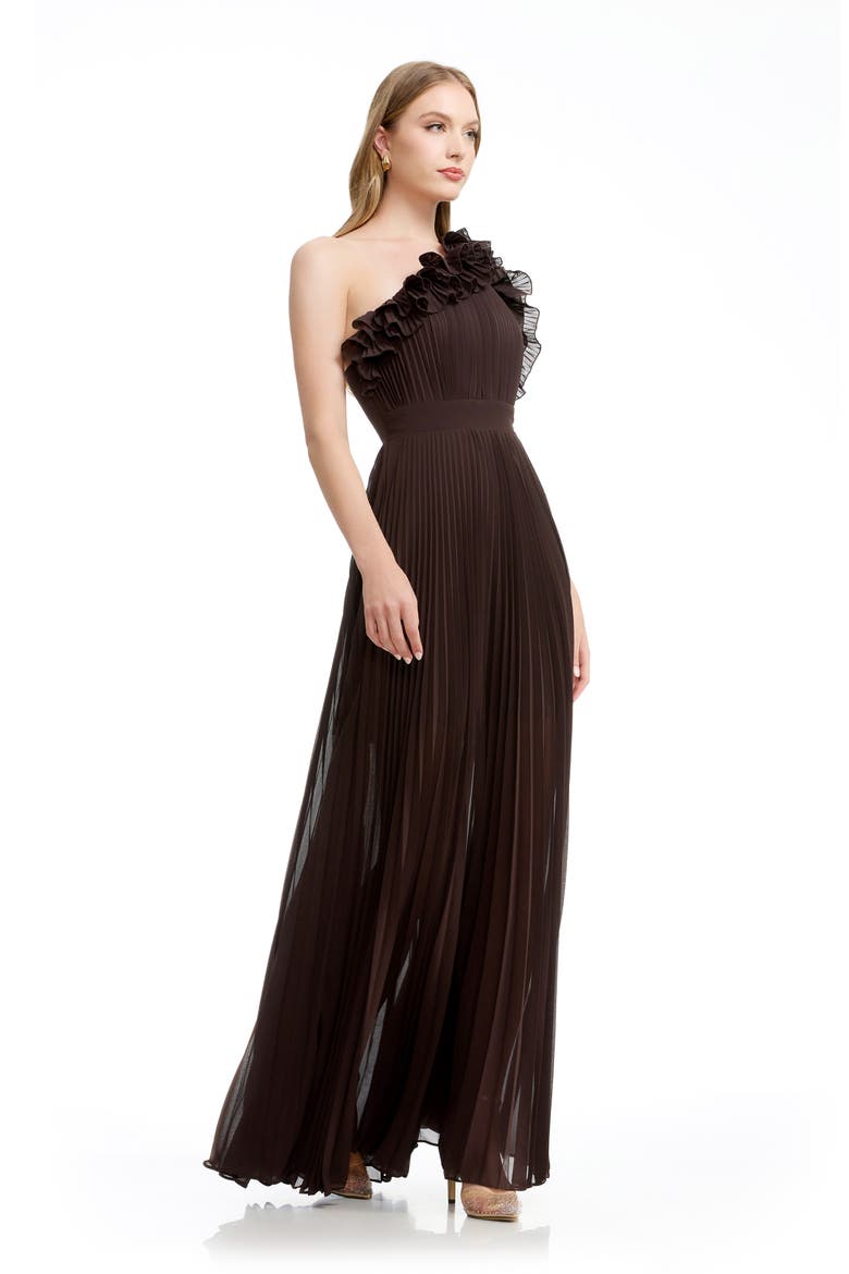 Vida One-Shoulder Pleated Chiffon Gown, Alternate, color, MOCHA