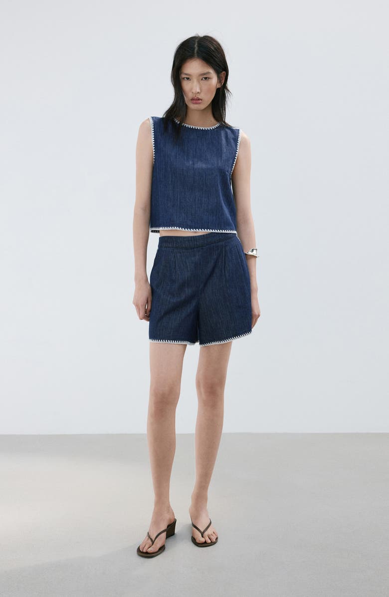 MANGO Whipstitch Detail Denim Tank, Alternate, color, Open Blue