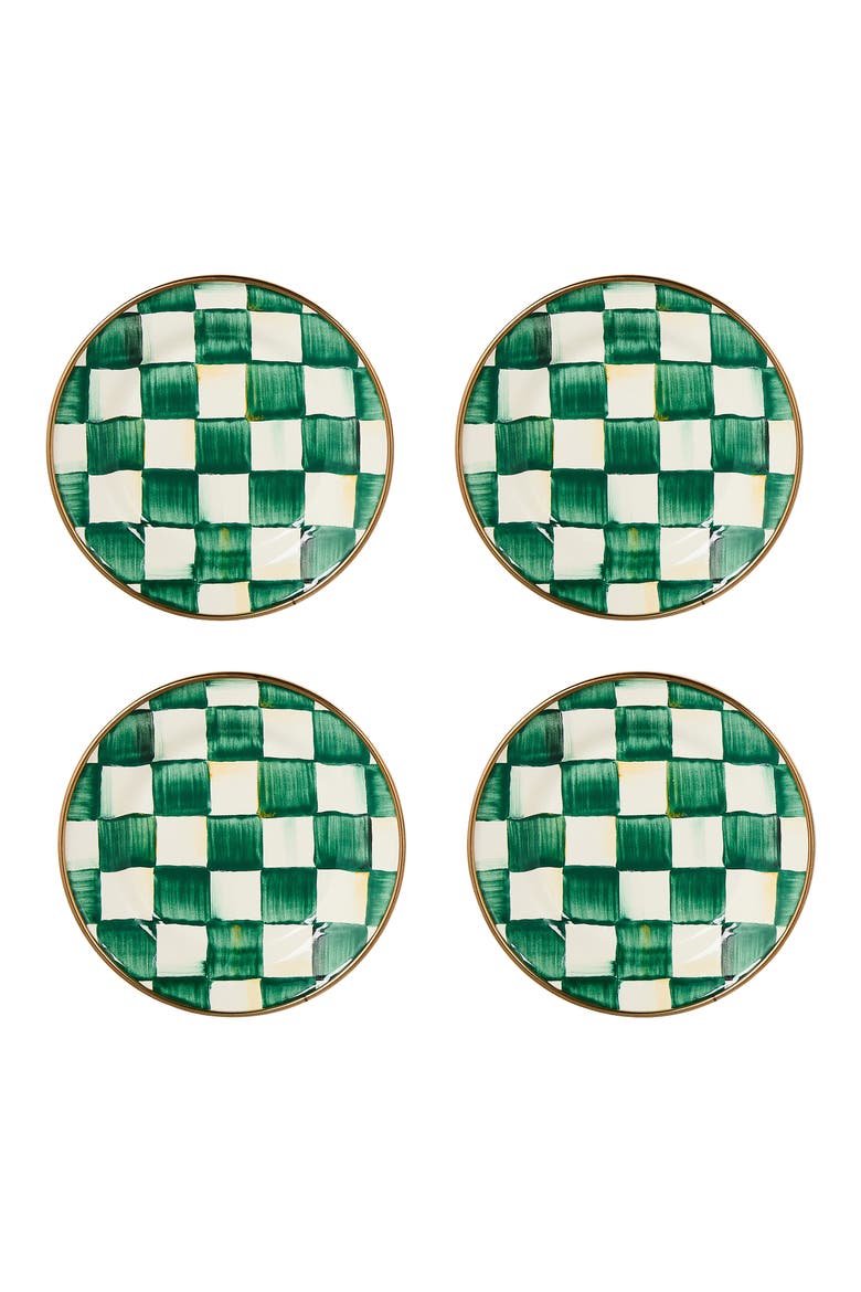 Emerald Check Set of 4 Enameled Steel Appetizer Plates, Main, color, EMERALD