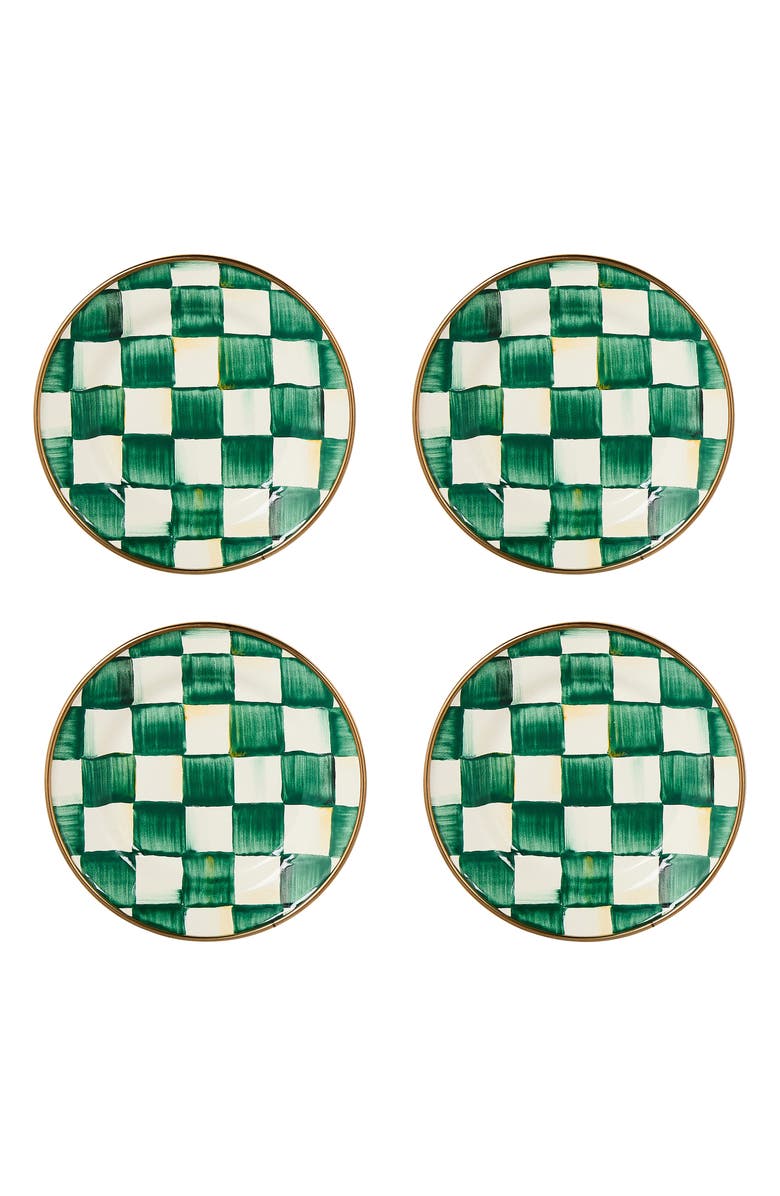 MACKENZIE CHILDS Emerald Check Set of 4 Enameled Steel Appetizer Plates, Main, color, Emerald
