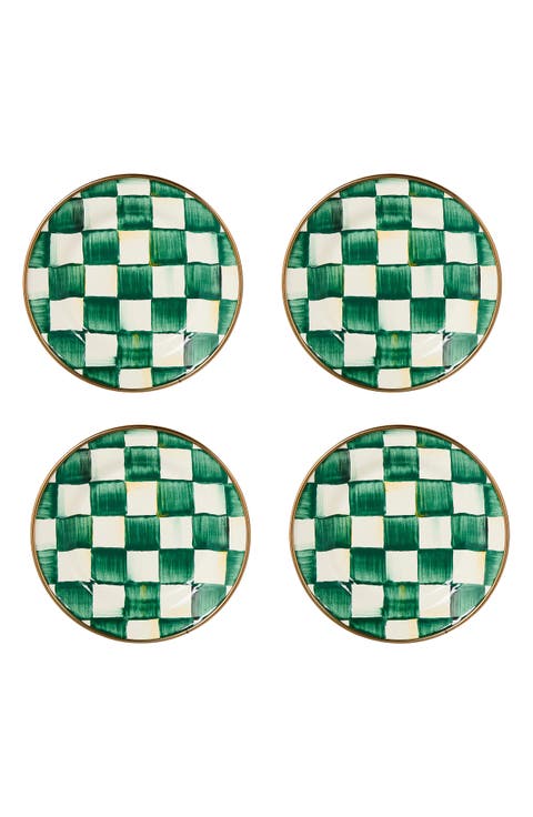 Emerald Check Set of 4 Enameled Steel Appetizer Plates