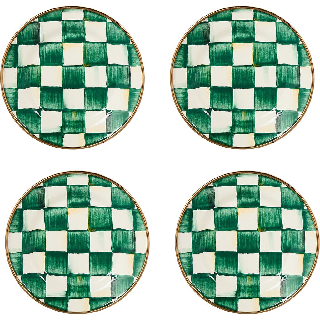 Mackenzie-childs Mackenzie Childs Emerald Check Set Of 4 Enameled Steel Appetizer Plates In Green
