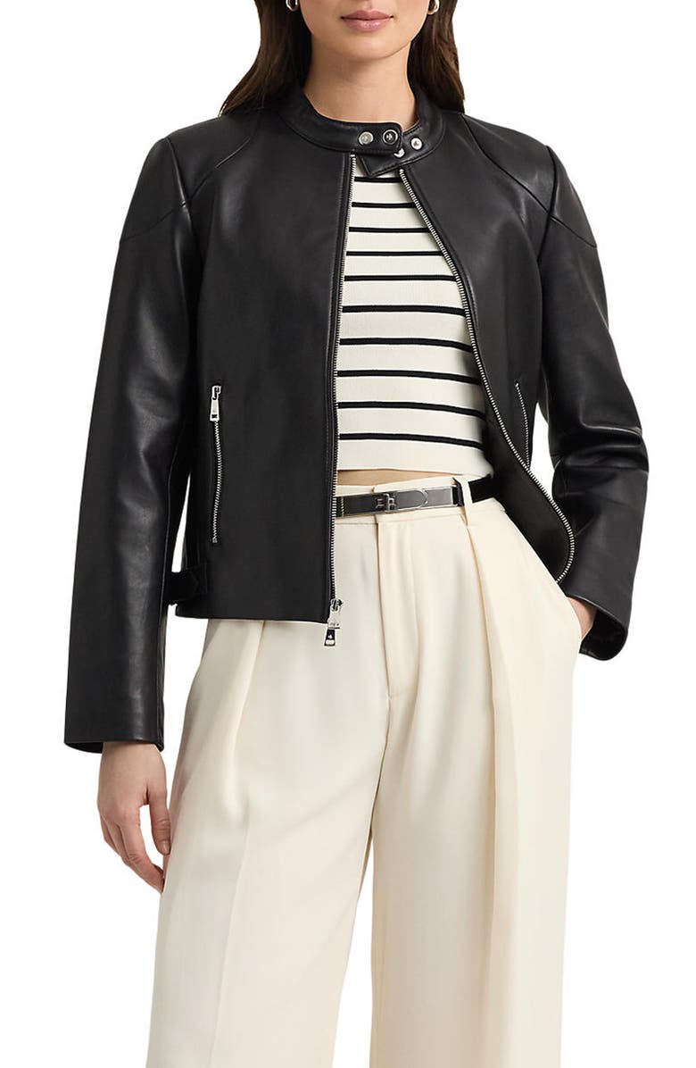 Lauren Ralph Lauren Lambskin Leather Moto Jacket, Main, color, 