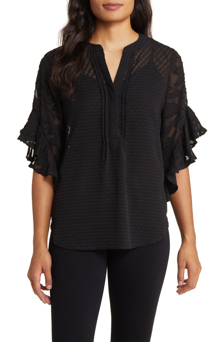 Vince Camuto Flutter Sleeve Clip Dot Chiffon Top, Main, color,