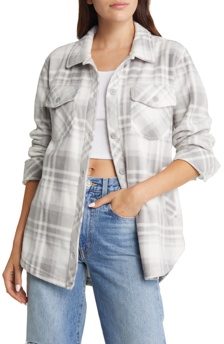 Thread & Supply Plaid Polar Fleece Shacket, Main, color, Light Grey White Plaid
