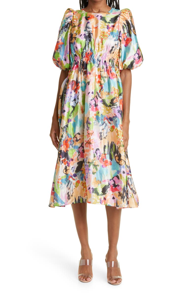 Stine Goya Elizabeth Puff Sleeve Satin Midi Dress, Main, color, 
