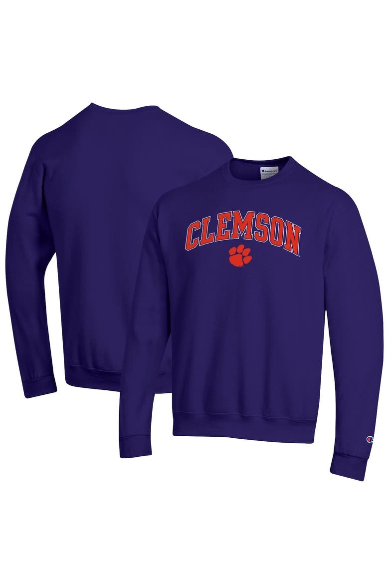 Men's Champion  Purple Clemson Tigers Arch Over Logo Pullover Sweatshirt, Alternate, color, Purple