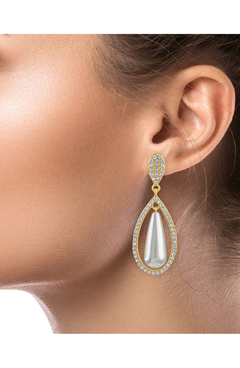 JARDIN Pavé Crystal Imitation Pearl Teardrop Earrings, Alternate, color, White/ Clear/ Gold