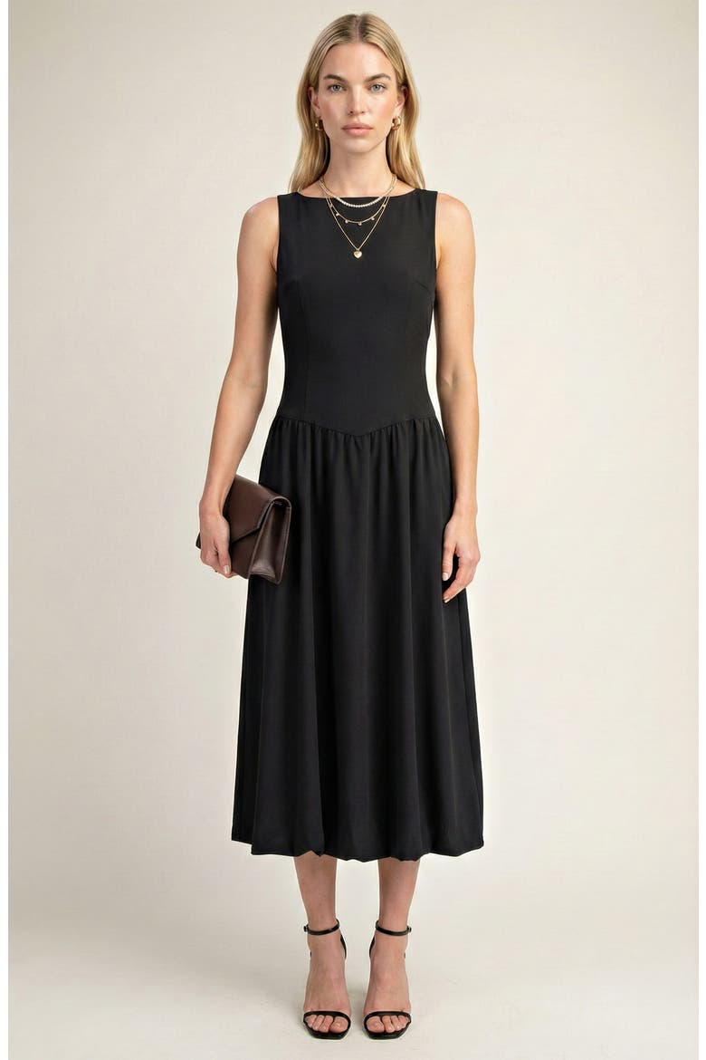 Sleeveless Fit-and-Flare Midi Dress with Gathered Skirt Detail, Main, color, Black