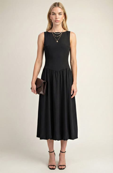 Sleeveless Fit-and-Flare Midi Dress with Gathered Skirt Detail