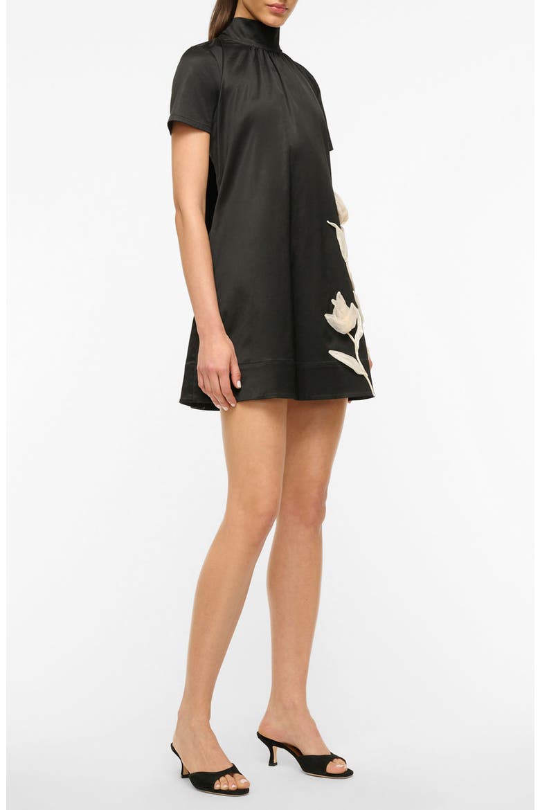 Ilana Floral Appliqué Satin Cocktail Minidress, Alternate, color, BLACK