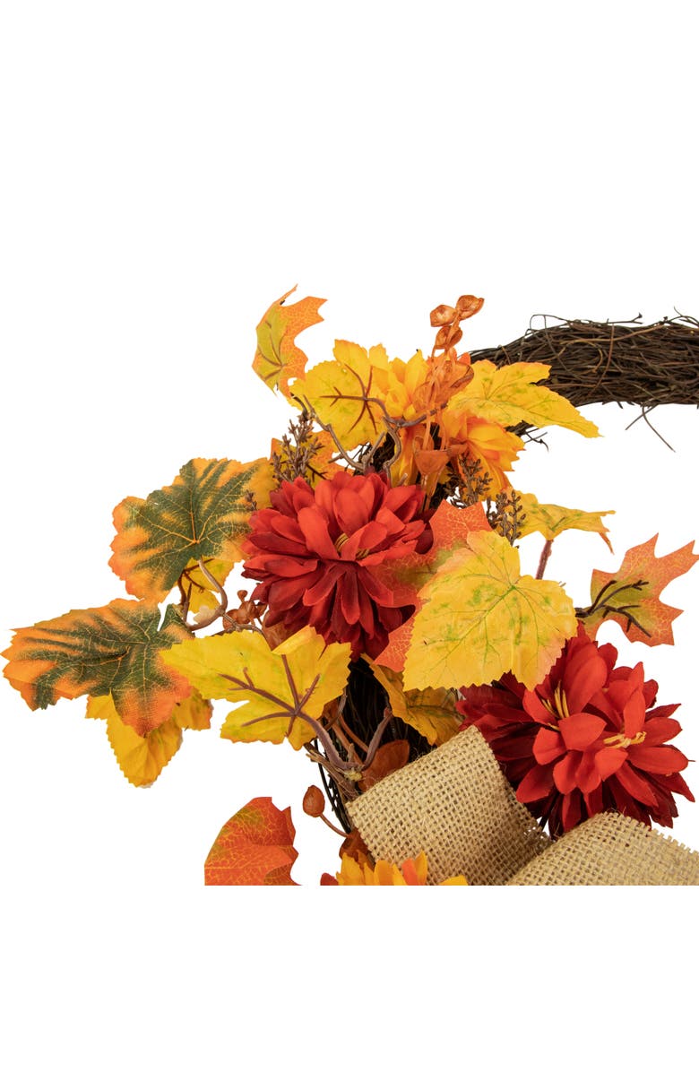 Northlight Mums and Maple Leaves Artificial Floral Fall Harvest Half Wreath with Burlap Bow - 20", Alternate, color, 