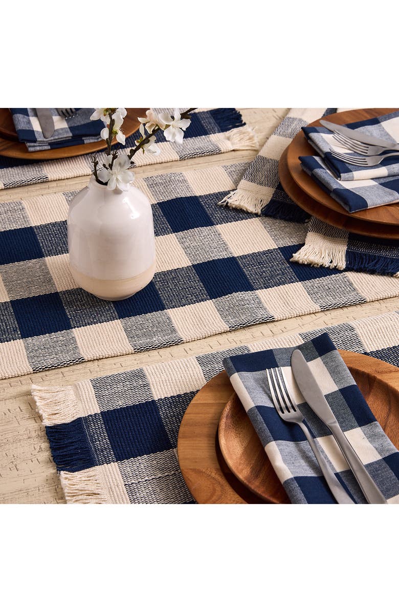 Design Imports Checkered Fringe Cotton Table Runner, Alternate, color, Blue