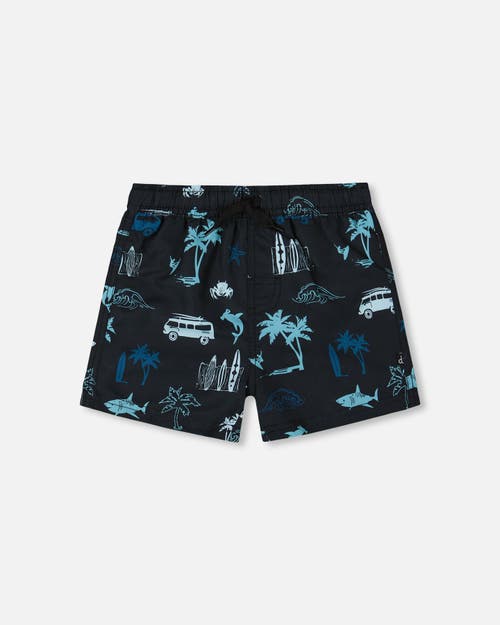 DEUX PAR DEUX DEUX PAR DEUX LITTLE BOY'S PRINTED SWIM TRUNKS LIGHT BLUE BEACH ON BLACK 