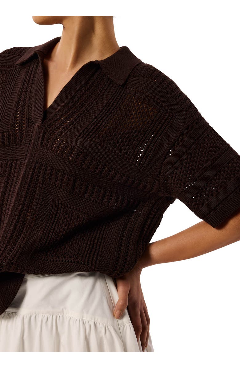 Whistles Open Front Crochet Polo Shirt, Alternate, color, Chocolate