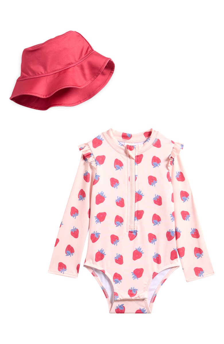 PL Baby by Petit Lem One-Piece Rashguard Swimsuit & Hat Set, Main, color, Strawberry