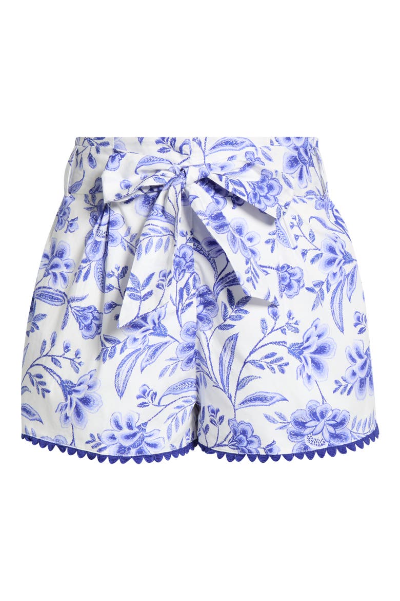 Maeve Belted Floral Zaferia Cotton Shorts, Alternate, color, WHITE COBALTS
