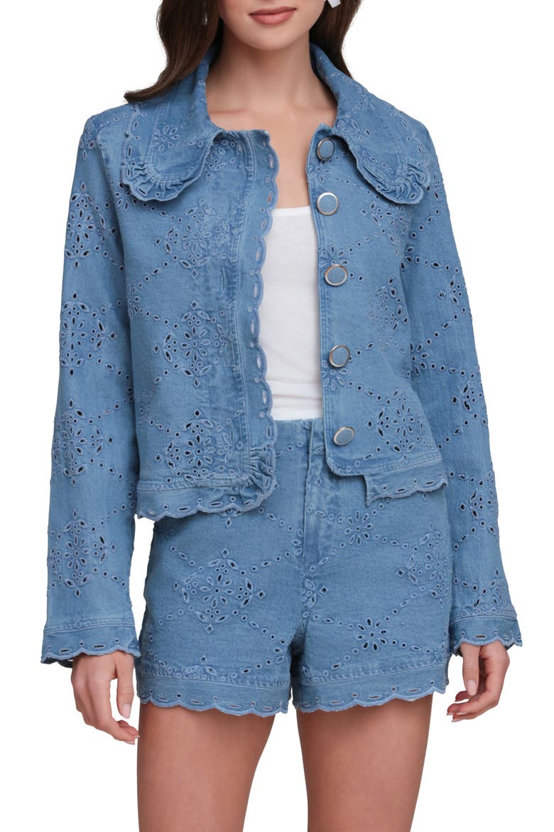 Crop Stretch Cotton Eyelet Jacket, Main, color, SEA BLUE WASH
