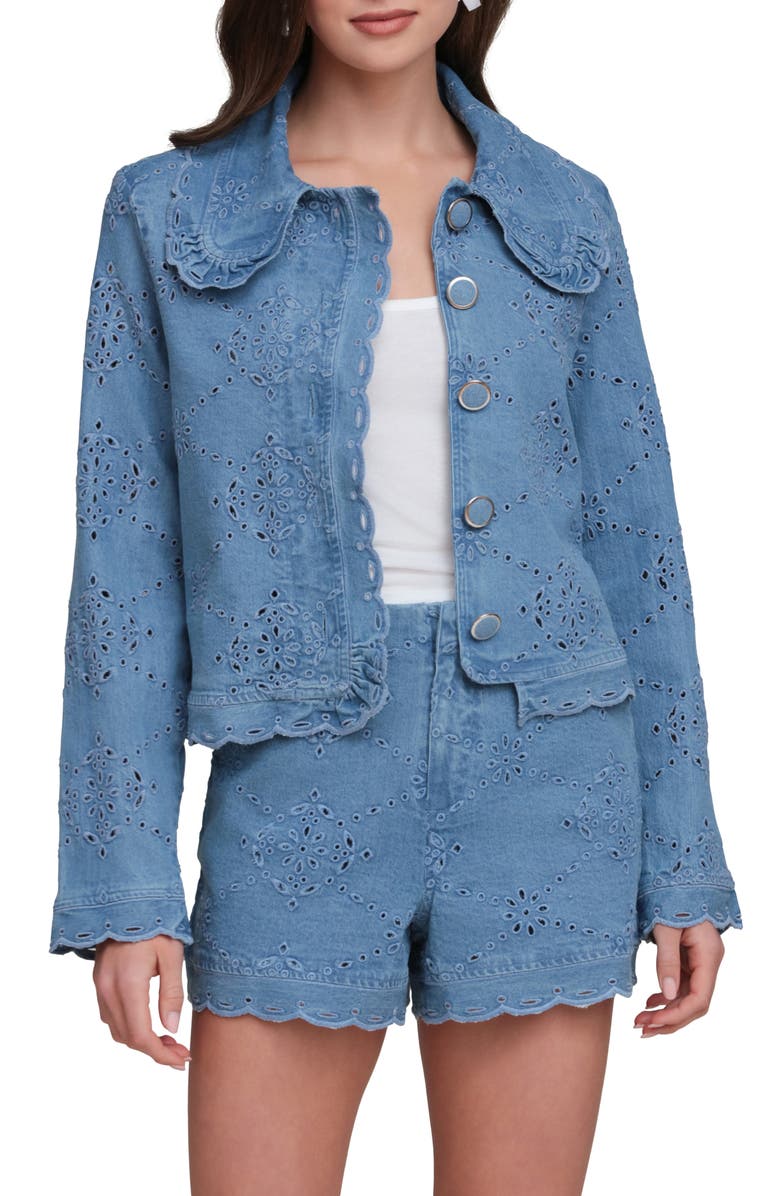 Avec Les Filles Crop Stretch Cotton Eyelet Jacket, Main, color, Sea Blue Wash