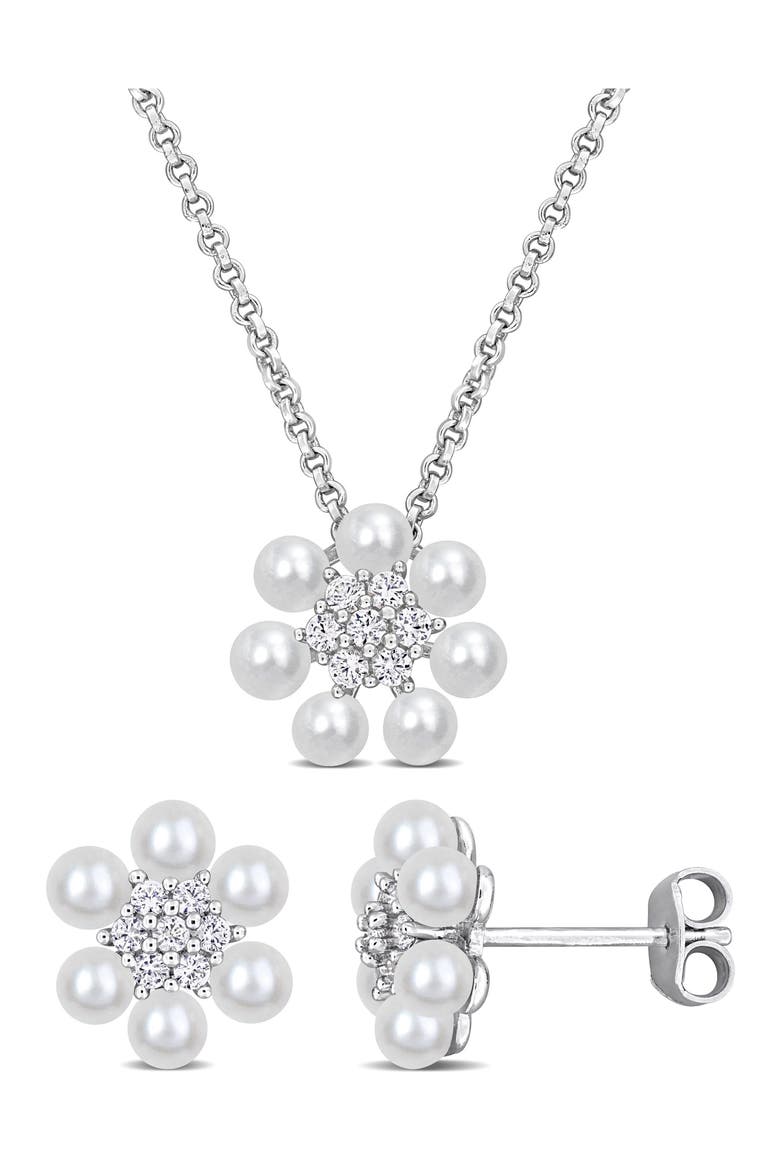 Cultured Pearl & Lab Grown White Sapphire Necklace & Earrings Set, Main, color, PEARL/ WHITE SAPPHIRE