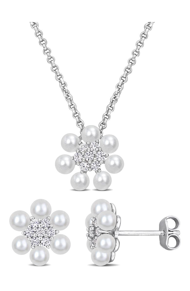 DELMAR Cultured Pearl & Lab Grown White Sapphire Necklace & Earrings Set, Main, color, Pearl/ White Sapphire