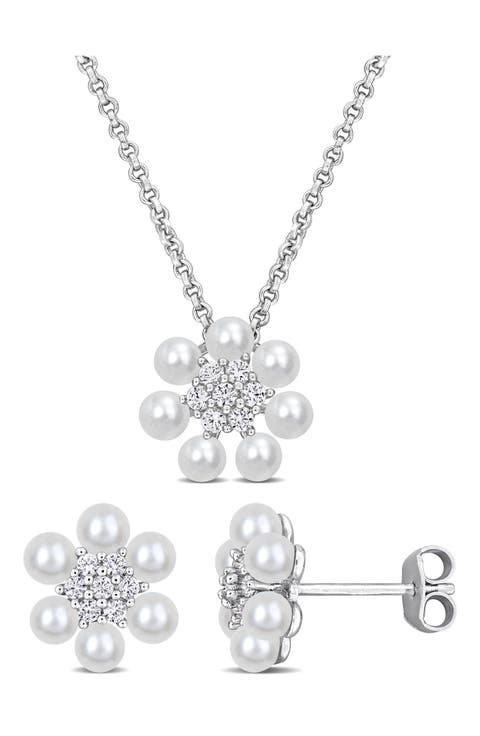 Cultured Pearl & Lab Grown White Sapphire Necklace & Earrings Set