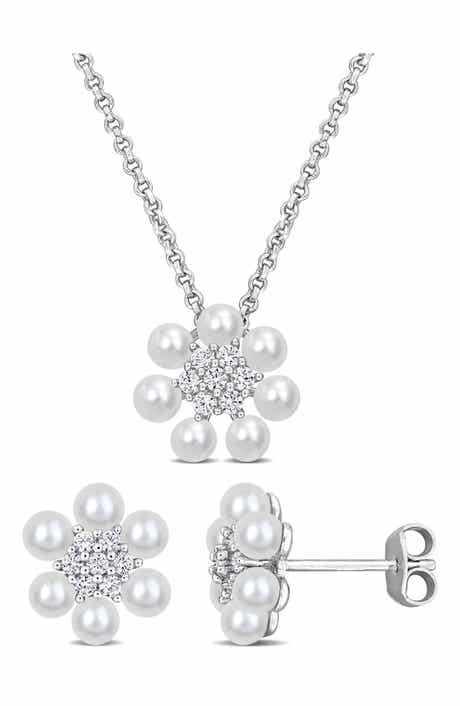 DELMAR Cultured Pearl & Lab Grown White Sapphire Necklace & Earrings Set