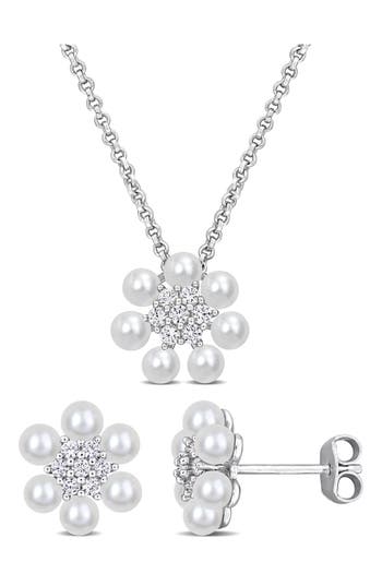 Delmar Cultured Pearl & Lab Grown White Sapphire Necklace & Earrings Set