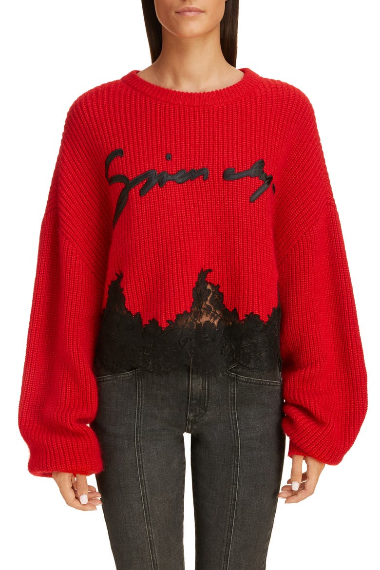 Lace Detail Logo Sweater, Main, color, POP RED