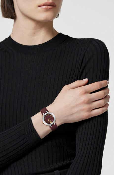 Greca Logo Leather Strap Watch, 34mm