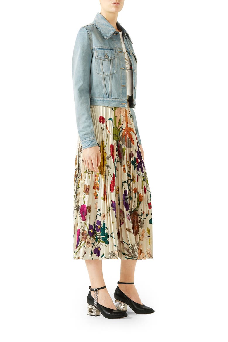 Gothic Floral Print Pleated Silk Twill Midi Skirt, Alternate, color, IVORY PRINTED