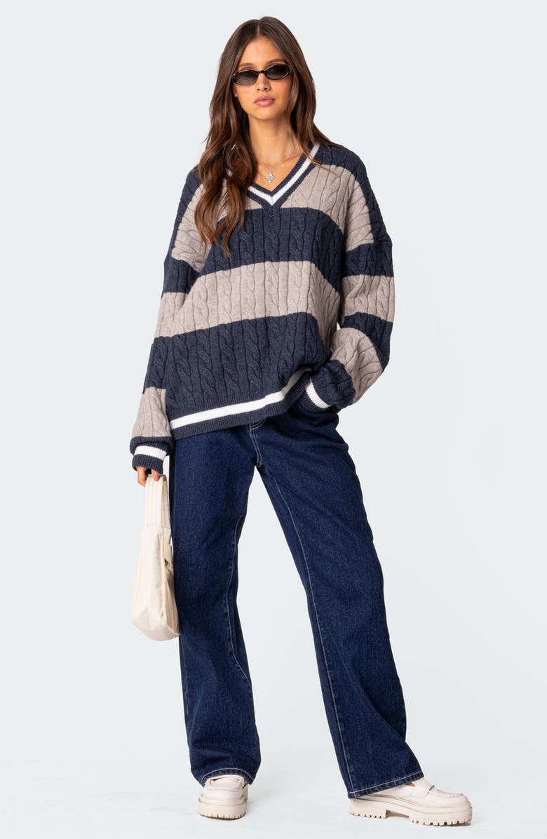 EDIKTED Romie Cable Knit V-Neck Sweater, Alternate, color, Navy