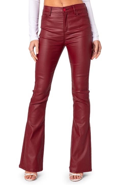 High waisted red leather fashion pants