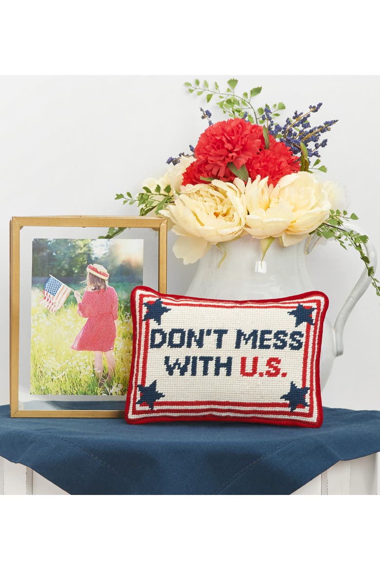 Patriotic "Don't Mess With U.S." Needlepoint Mini Accent Pillow, 6.5" x 9", Alternate, color, Blue