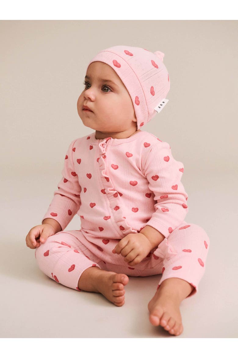 I Heart You Pointelle Frill Zip Romper & Beanie, Alternate, color, Baby Pink