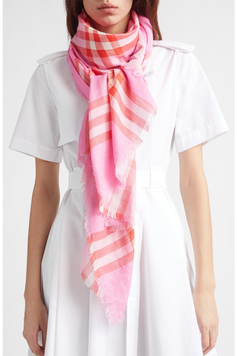 Medium Check Wool & Silk Gauze Fringe Scarf, Alternate, color, CAMI/ GLAZE PINK
