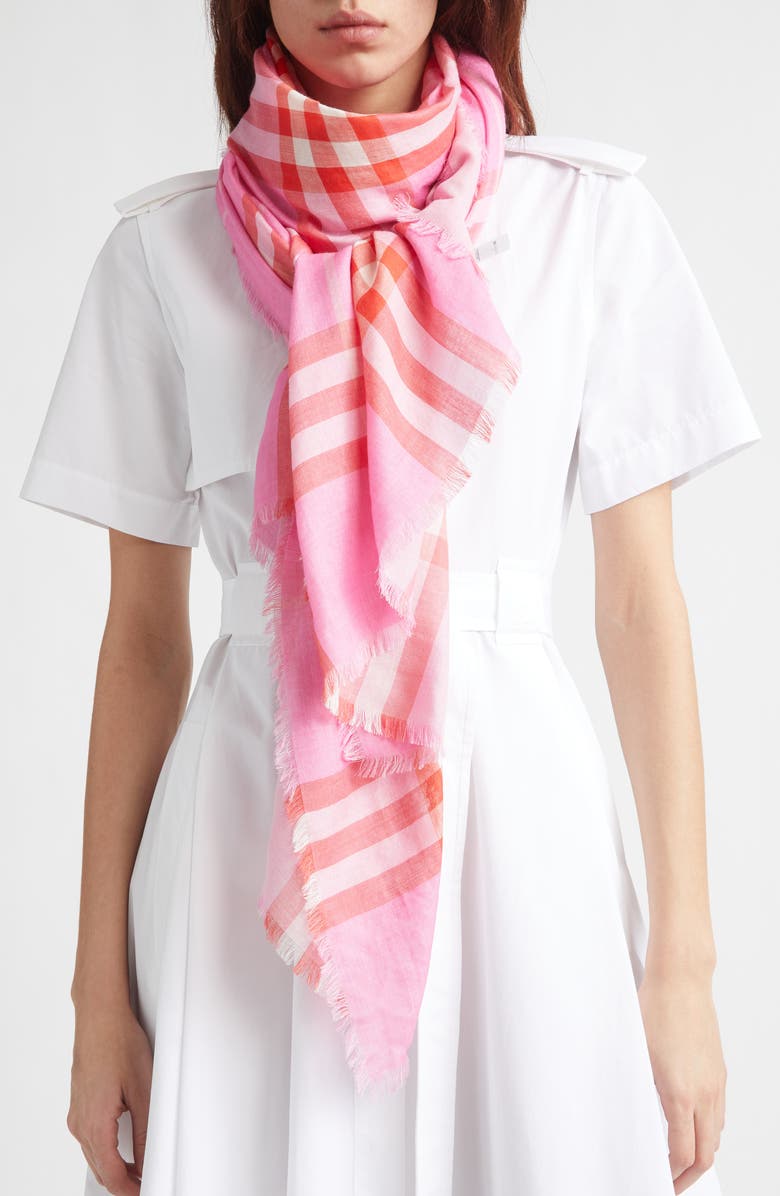 Burberry Medium Check Wool & Silk Gauze Fringe Scarf, Alternate, color, Cami/ Glaze Pink