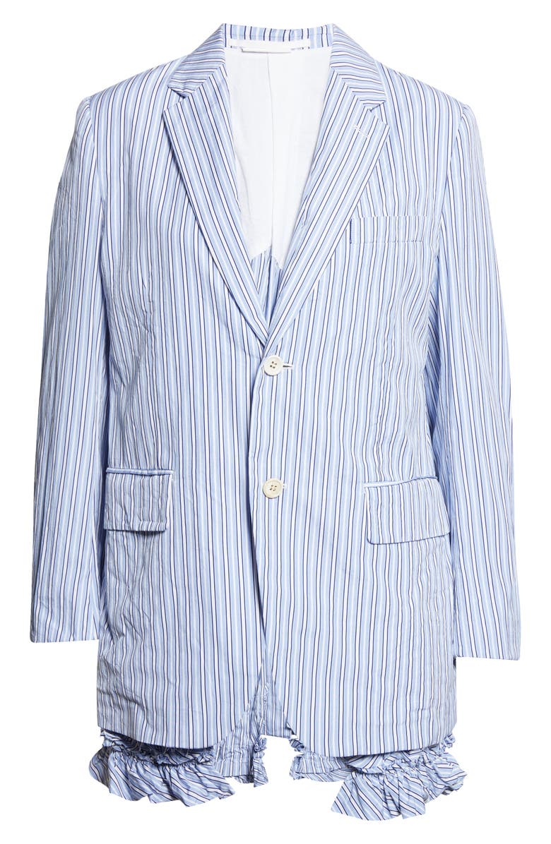 Comme des Garçons Comme des Garçons Stripe Ruffle Hem Single Breasted Cotton Blazer, Main, color, Sax/ White/ Navy