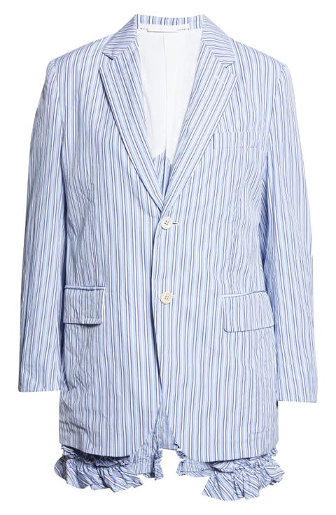 Stripe Ruffle Hem Single Breasted Cotton Blazer