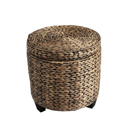Happimess Addie 17.72" Modern Coastal Handwoven Water Hyacinth Storage Ottoman With Lid