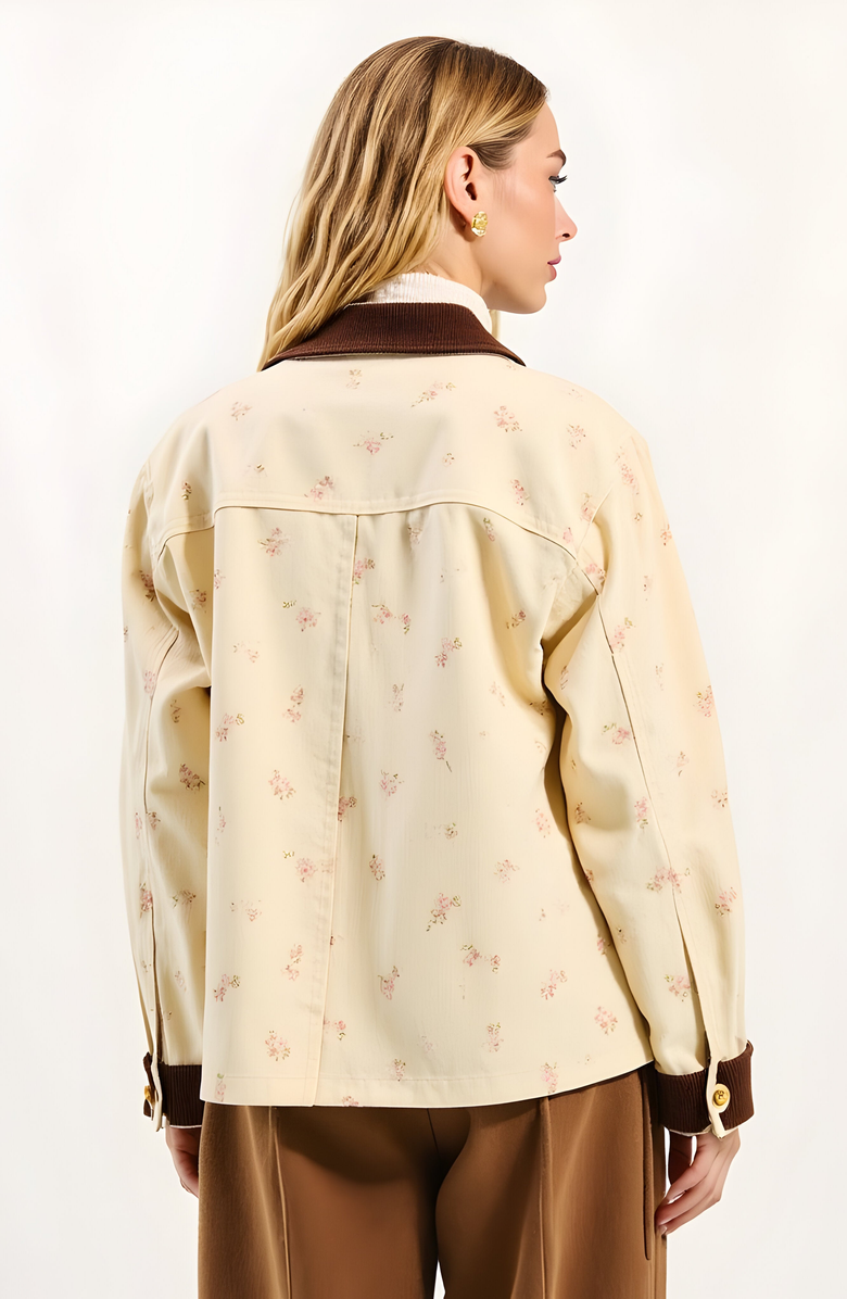 Modenaire Floral Print Utility Jacket with Contrast Corduroy Collar and Cuffs, Alternate, color,